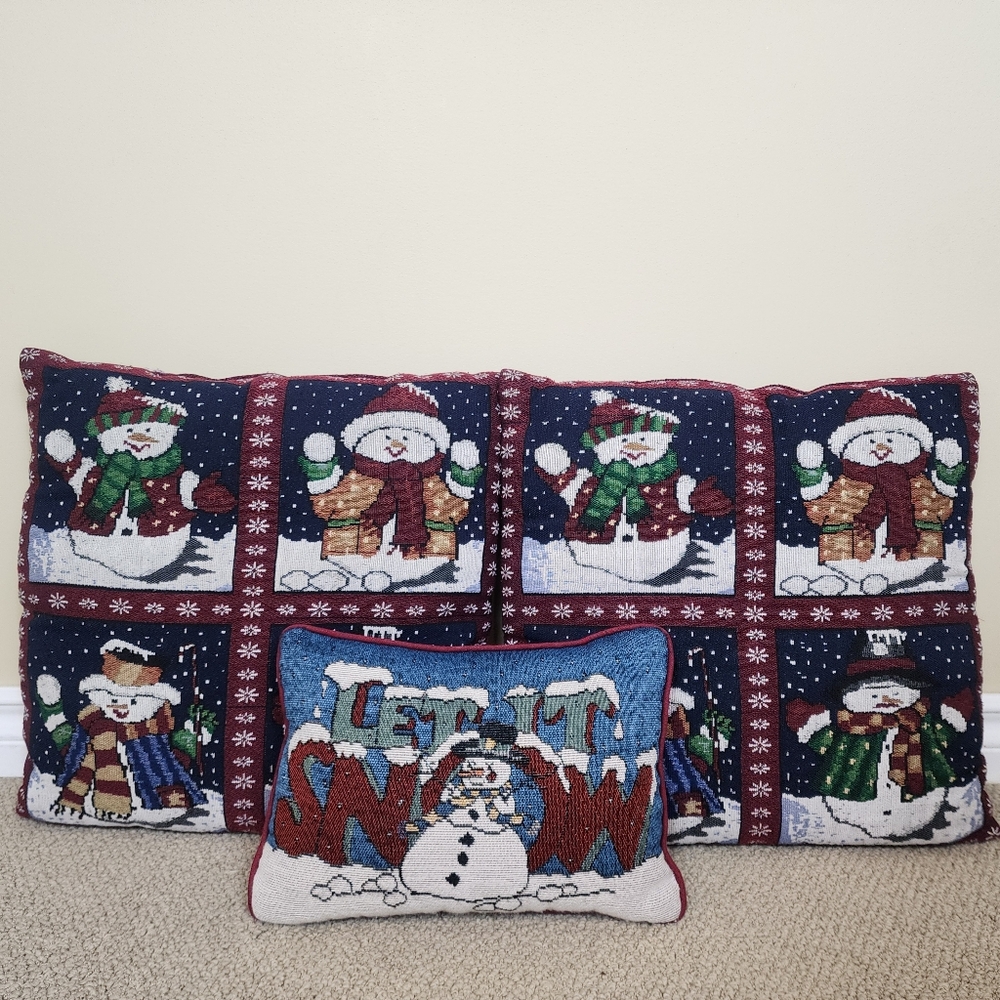 Vintage Snowman Needlepoint Tapestry Accent Pillows - Set of 3